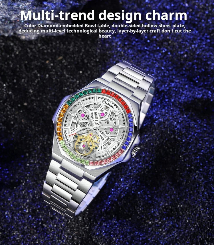 Montre Homme Tourbillon Automatique Mécanique – Lunette Gemmes Arc-en-Ciel Sport Business