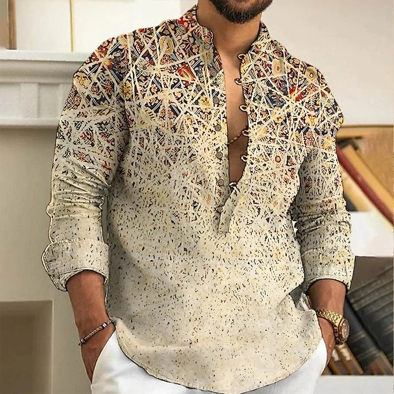 Herren Leinenhemd Cardigan Knöpfe Trendiges Muster Slim Fit Bequem Weich Retro Übergröße 6XL | Premium Retro Leinenhemd