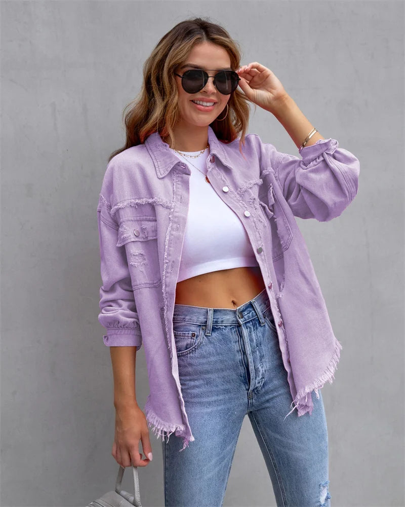 Veste en Jean Femme Bords Bruts Troués – Style Chemise Casual | Printemps Automne Tendance 2025