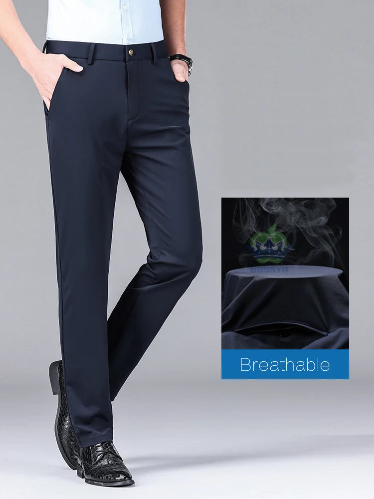 Pantalon Homme Soie de Glace Stretch Été Grande Taille – Ceinture Élastique Business Formel Jusqu'à 40 | Mode Homme Premium