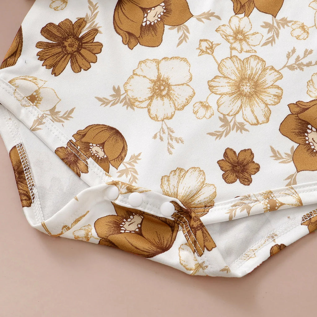 Tenue 3 Pièces Bébé Fille Fleurie – Top Manches Longues + Jupe Bretelles + Bandeau 0-12 Mois