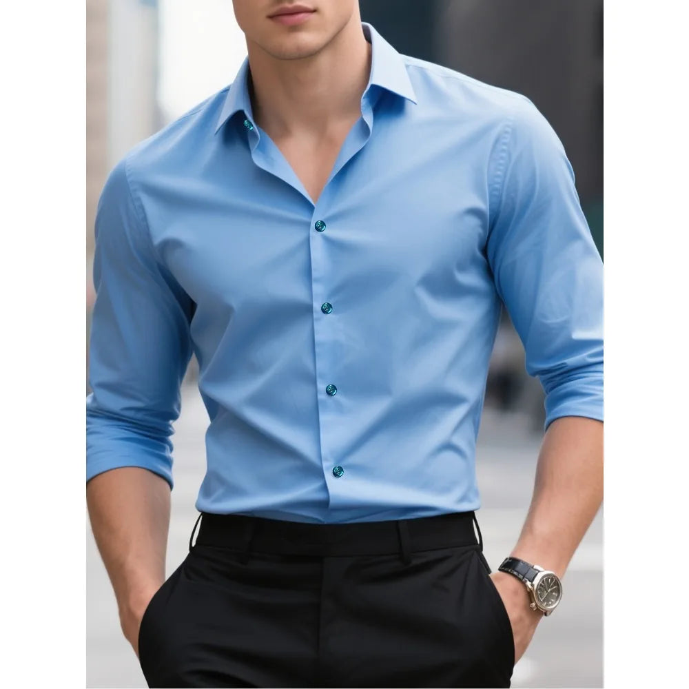 Chemise Homme Manches Longues Tissu Élastique Couleur Unie Multi-Couleurs Qualité Premium Basique Intemporelle Confortable Élégante Polyvalente – Chemise Premium Manches Longues Élastique Couleur Unie Multi-Couleurs | Mode Homme Chemise Premium