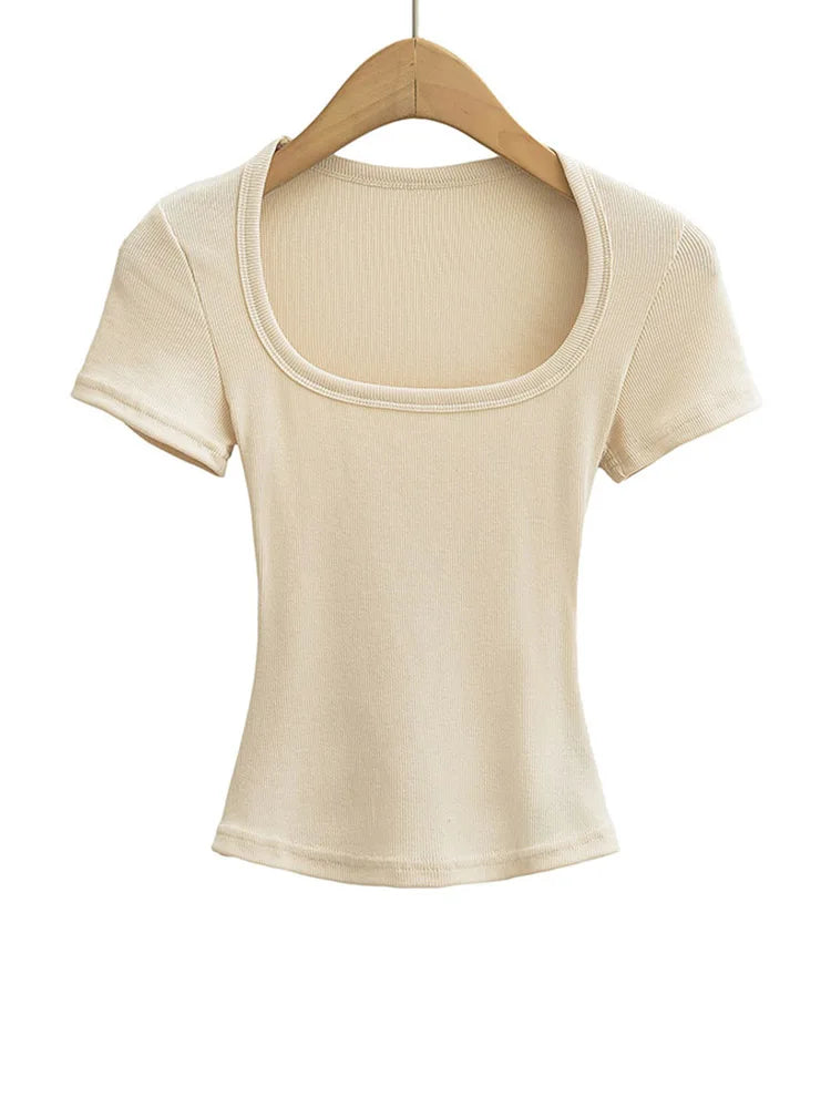 Crop Top Femme Col Carré Slim Stretch Manches Courtes Sexy – T-Shirt Court Élastique Casual Été | Mode