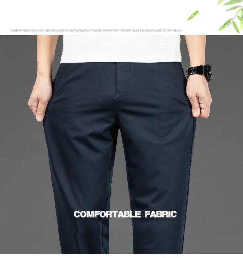 Pantalon Homme Bambou Été Slim Stretch – Léger Business Casual Formel Droit | Noir Gris Kaki | Mode Homme Premium