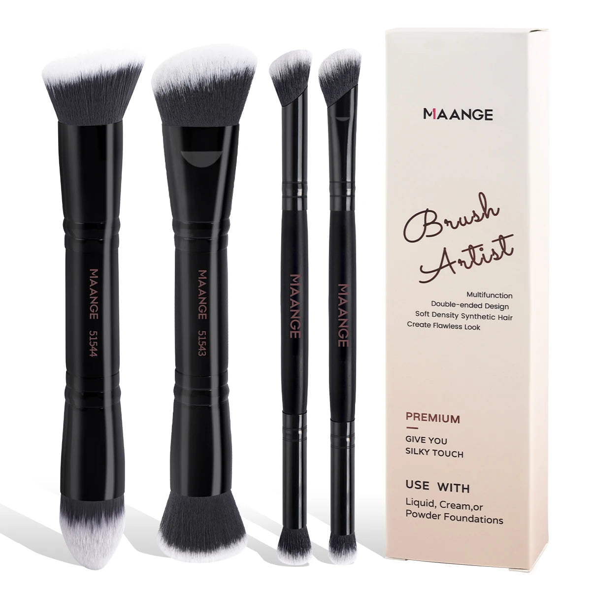 Set 4 Pinceaux Maquillage MAANGE Double Embout – Fond de Teint, Poudre & Fards | Boîte Voyage Débutante