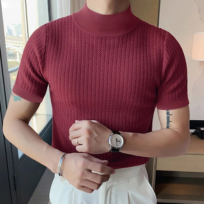 T-Shirt Homme Moulant Col Haut Texturé Couleur Unie Manches Courtes Style Coréen K-Fashion Streetwear Casual Été | Tee Shirt Col Haut K-Fashion Premium