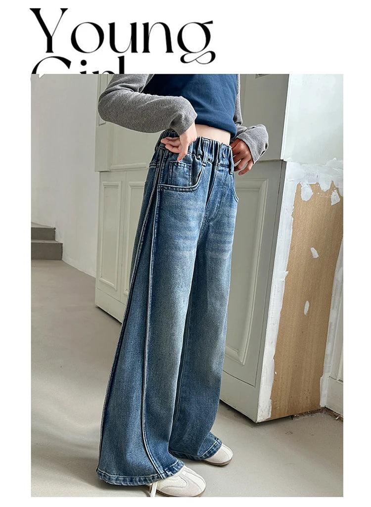 Jean Large Fille Taille Haute Bleu Foncé – Pantalon Denim Jambe Large Retroussable Enfant 4-14 Ans
