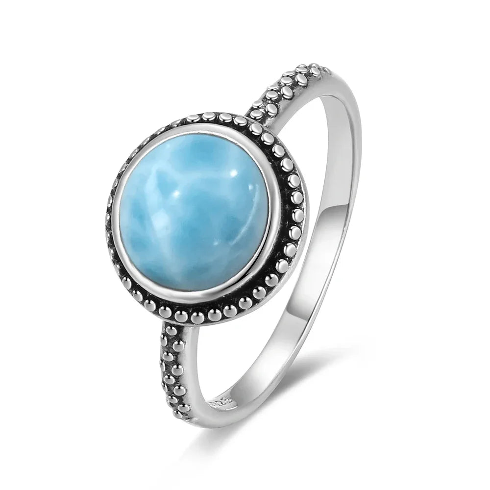 Bague Argent 925 Pierre Larimar Naturelle Vintage – Forme Fleur Ronde Bleu Ciel & Eau de Mer | Bijou Fin Unisexe Pierre Rare des Caraïbes & Cadeau Premium