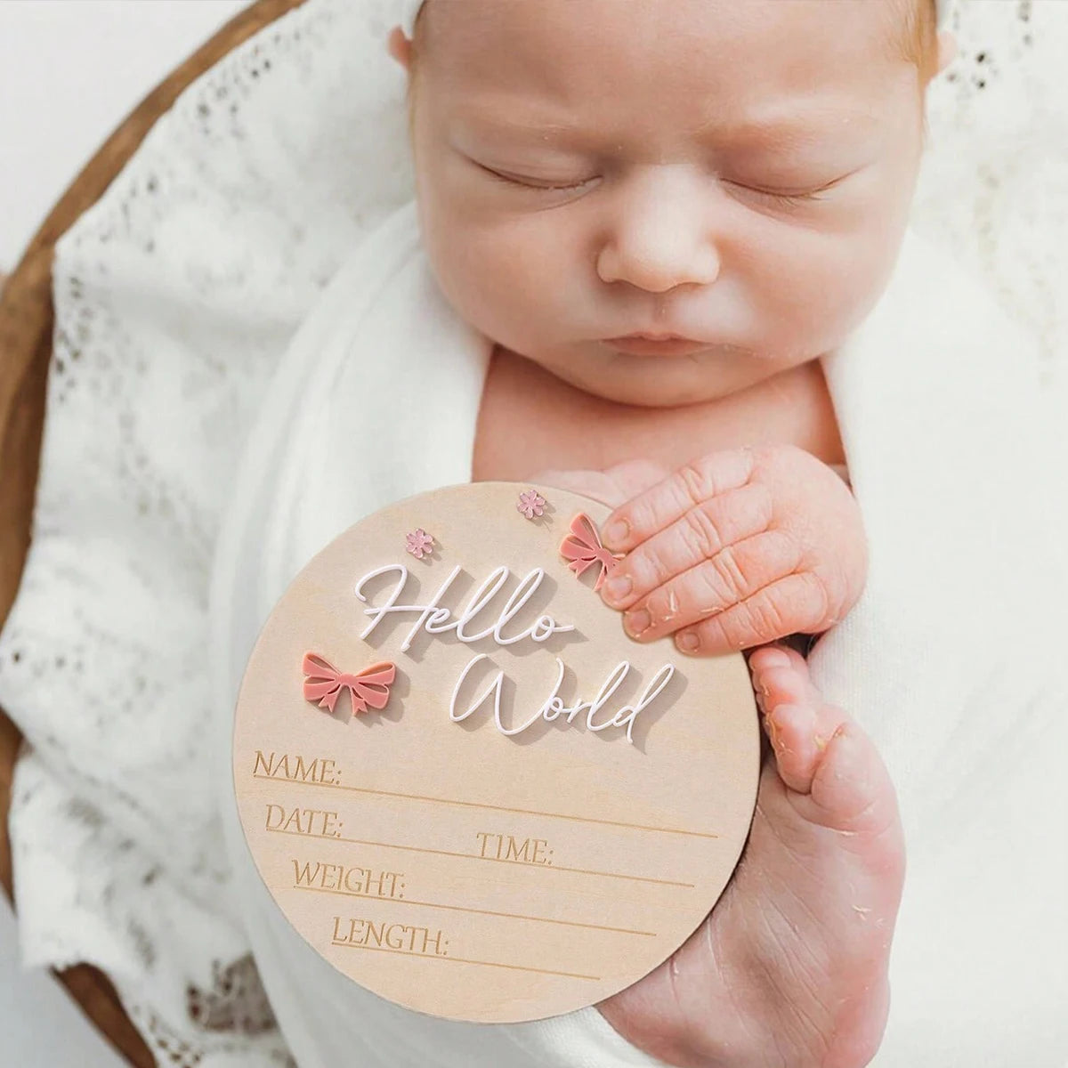 Pancarte Naissance Bébé « Hello World » – Déco Maternité Rose Poudré Papillon Étoile Photo Nouveau-Né