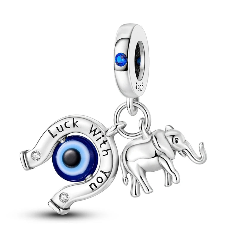 Charm Argent 925 Bleu Rotatif – Œil Démon, Main, Lune & Ciel Étoilé | Perle Pendentif Bracelet Femme | Bijou Spirituel & Mystique