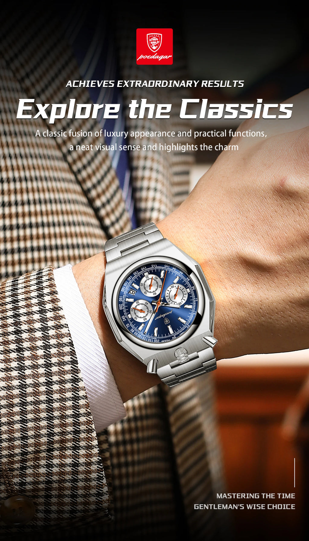 Montre Homme Luxe POEDAGAR Chronographe Militaire Acier Inoxydable Lumineux Étanche + Boîte