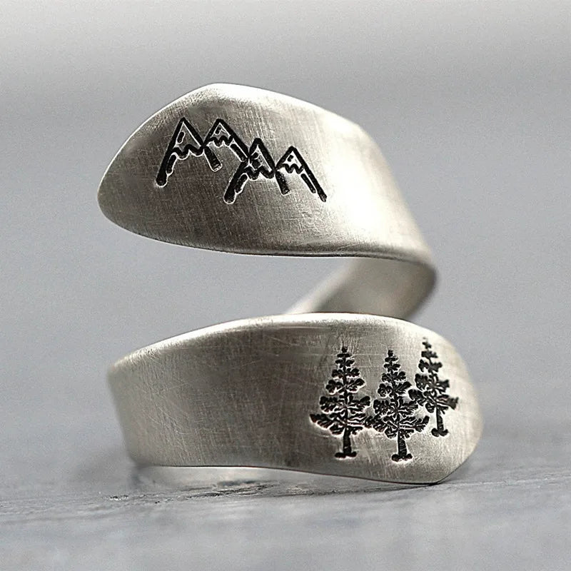 Bague Femme Forêt Montagne Ouverte – Anneau Brossé Nature Mariage Fête Bijou Créatif