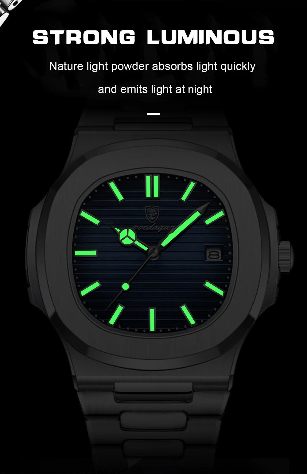 Montre Homme POEDAGAR Carré Luxe Quartz – Acier Lumineux Étanche Date Sport Business
