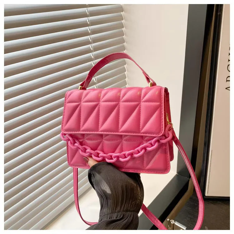 Sac Bandoulière Femme Chaîne Métal Logo – Pochette Crossbody Couleur Unie Fermeture Magnétique