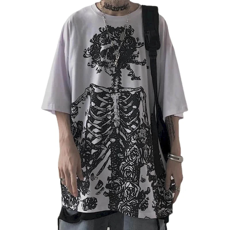 T-Shirt Unisexe Gothic Skull Oversize Loose Été – Streetwear Dark Anime Y2K Manches Courtes Tendance | Mode Homme & Femme