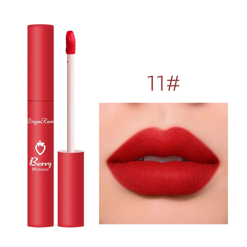 Gloss Lèvres Mat 12 Couleurs Berry Mousse – Glaçure Velours Waterproof Longue Tenue | Rouge à Lèvres Sexy Cosmétique