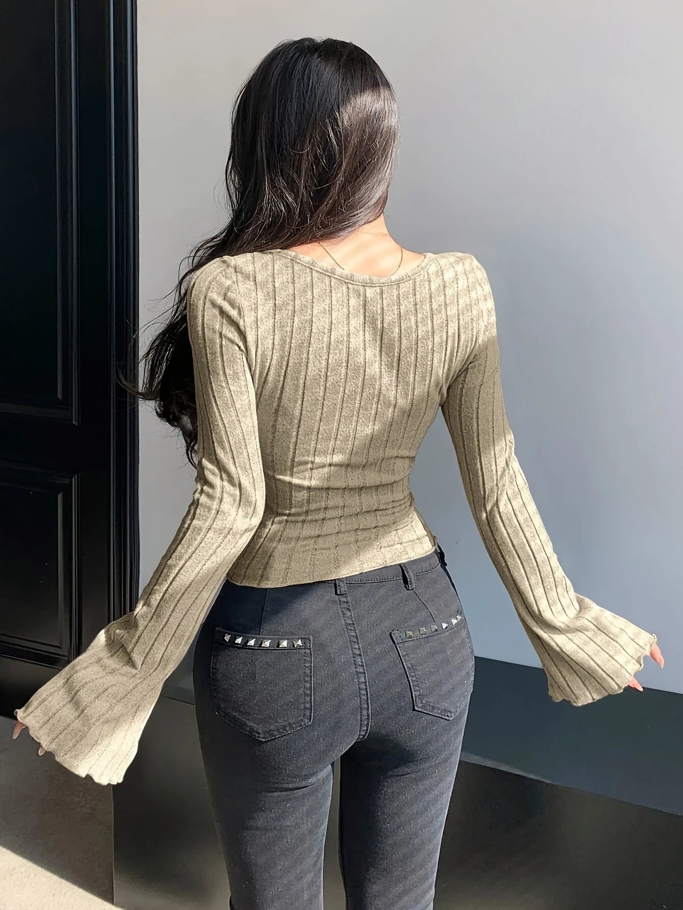 Damen Strick-Top Quadratischer Ausschnitt Langarm Überkreuzte Träger Gerippt Schmale Passform Casual – T-Shirt Streetwear Herbst Winter | Mode