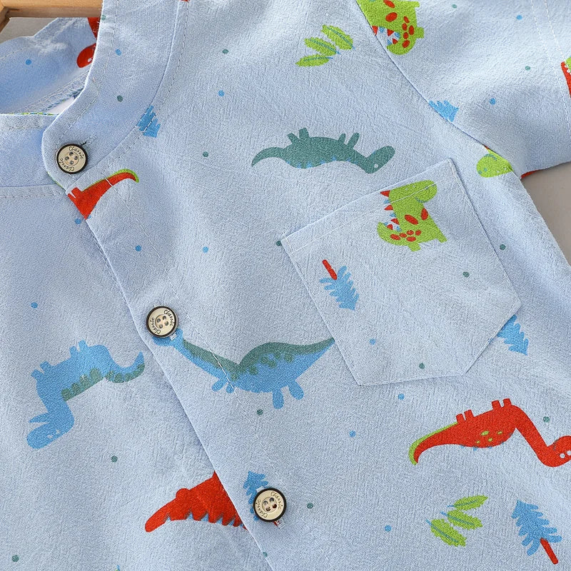 Ensemble 2 Pièces Bébé Imprimé Dinosaure Cartoon – Chemise Col Montant Manches Courtes Garçon
