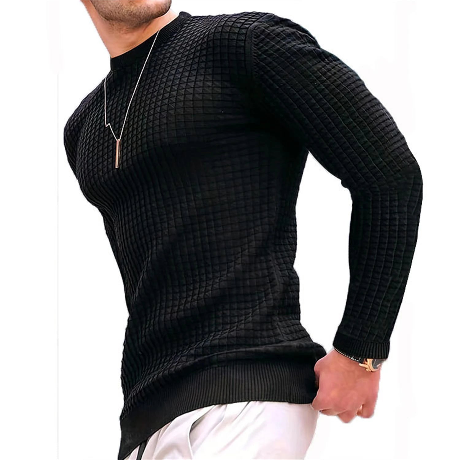 Hoodie Homme Col Rond Jacquard Carreaux Waffle Texture Fashion Casual Chaud Tendance Streetwear – Sweat À Capuche Motif Carreaux Premium | Mode Homme Streetwear Premium