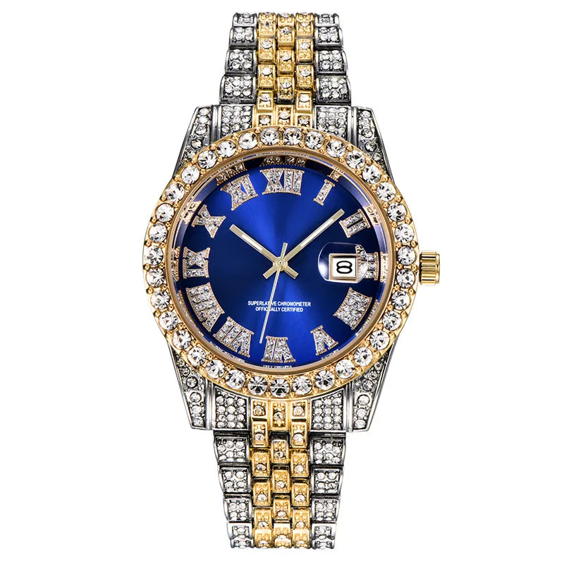 Montre Homme Hip Hop Diamant Fashion Bracelet Alliage Dorée Luxe Date Quartz Tendance Streetwear Bling | Montre Hip Hop Diamant Dorée Premium