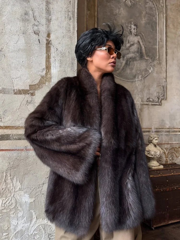 Manteau Femme Mi-Long Fausse Fourrure Col Revers Boutons Cachés Ample Élégant – Overcoat Bureau Chic | Hiver