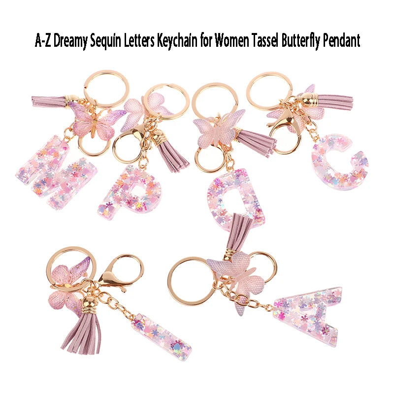 Porte-Clés Lettre Initiale Sequins Femme – Pendentif Papillon Pompon Sac Voiture Bijou