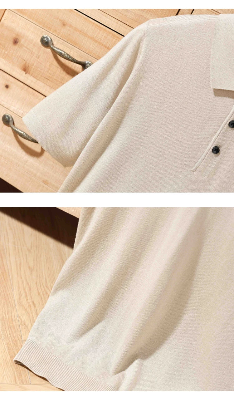 Pull Polo Homme 100% Laine Mérinos – Col Lapierre Manches Courtes Tricoté Loose Été Grande Taille