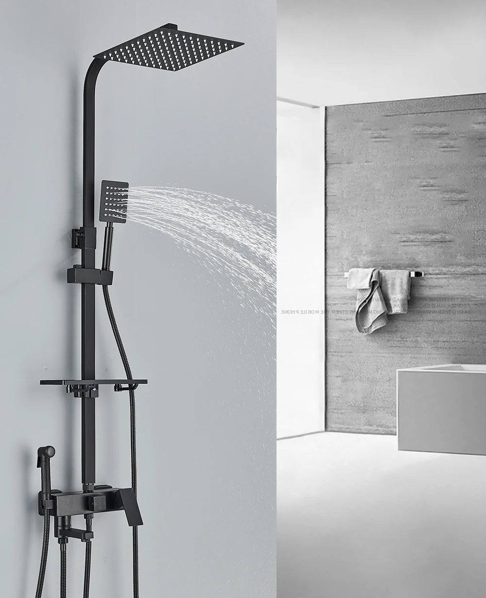 Ensemble Douche Pluie Mural Noir & Chrome Laiton – Étagère Offerte, Mitigeur Eau Chaude & Froide | Système Complet Salle de Bain