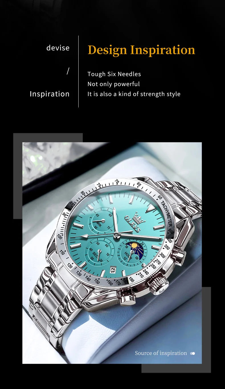 Montre Homme OLEVS Chronographe Phase de Lune Quartz Bleu Acier – Étanche Lumineux Date Fashion