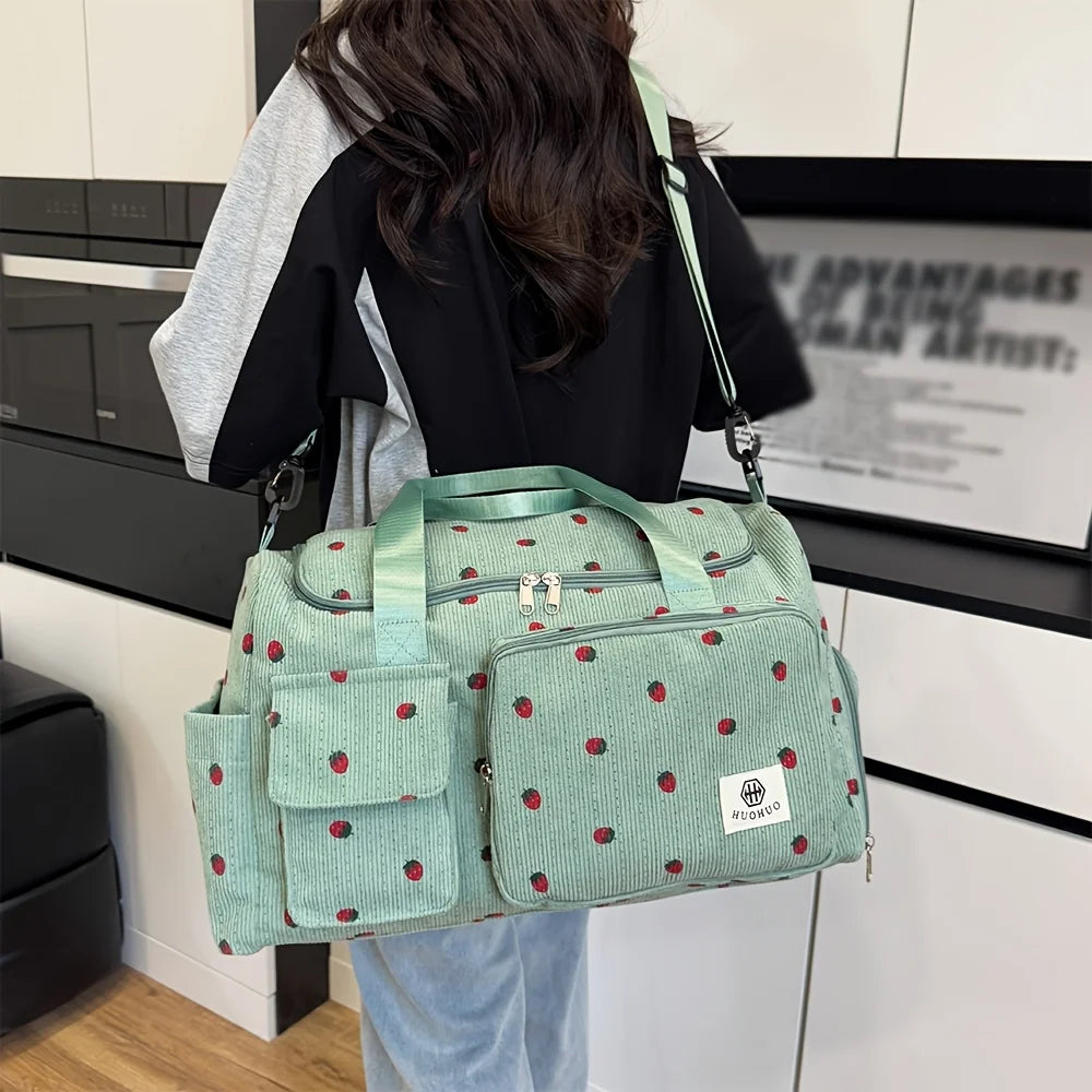 Sac de Voyage Fraise Velours Côtelé – Grande Capacité Bandoulière Léger Sport Fitness Bagage
