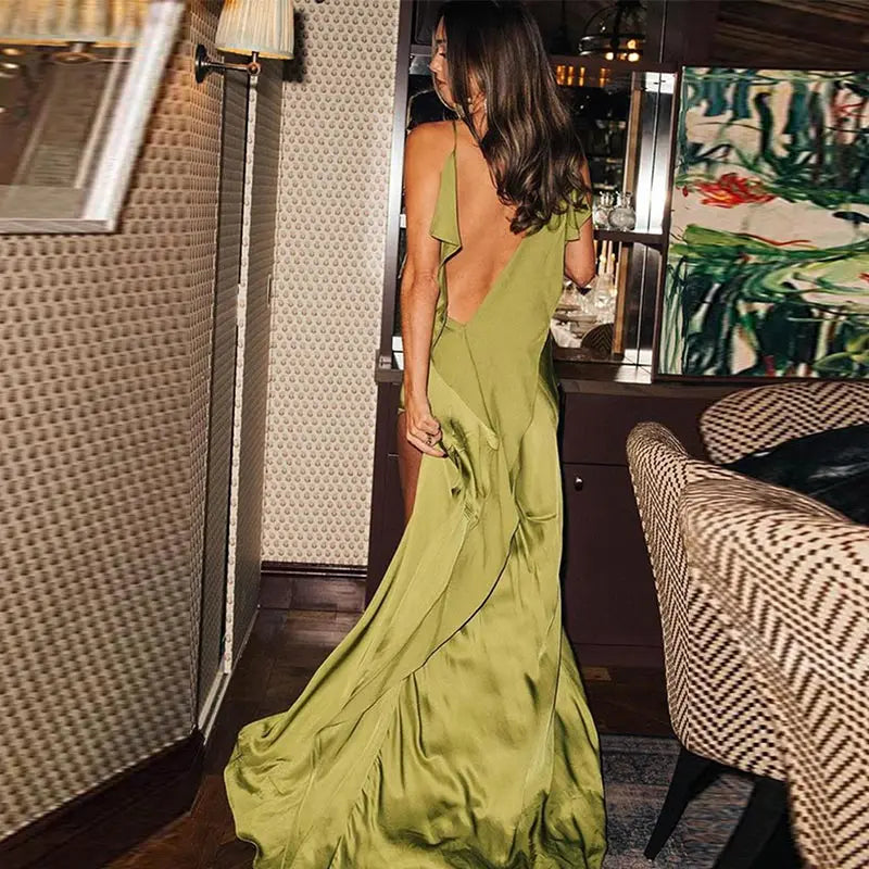 Robe Maxi Satin Femme Volantée Bretelles Fente Latérale Dos Nu Sans Manches Sexy – Longue Élégante Soirée Club | Glamour 2025