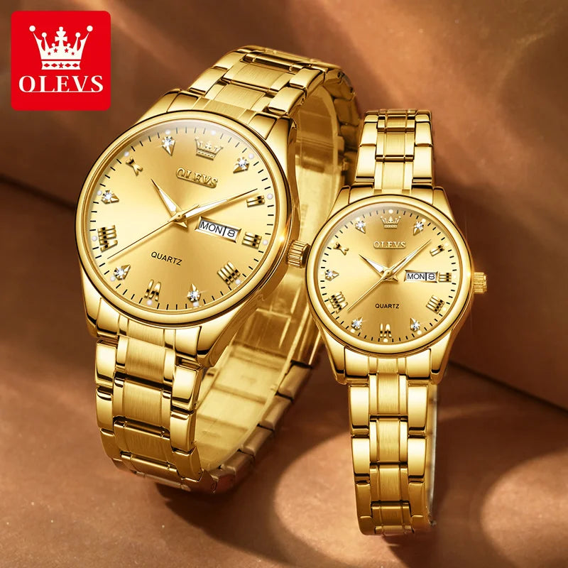 Paar-Uhr OLEVS Gold Luxus Quarz – Stahl Leuchtend Wasserdicht Datum Wochentag Trend