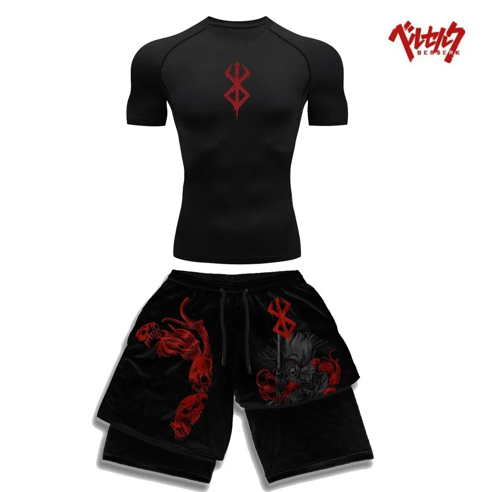 Ensemble Compression Homme Anime Berserk – T-Shirt + Short Gym Séchage Rapide | Running, Fitness & Workout Été | Sportswear Manga