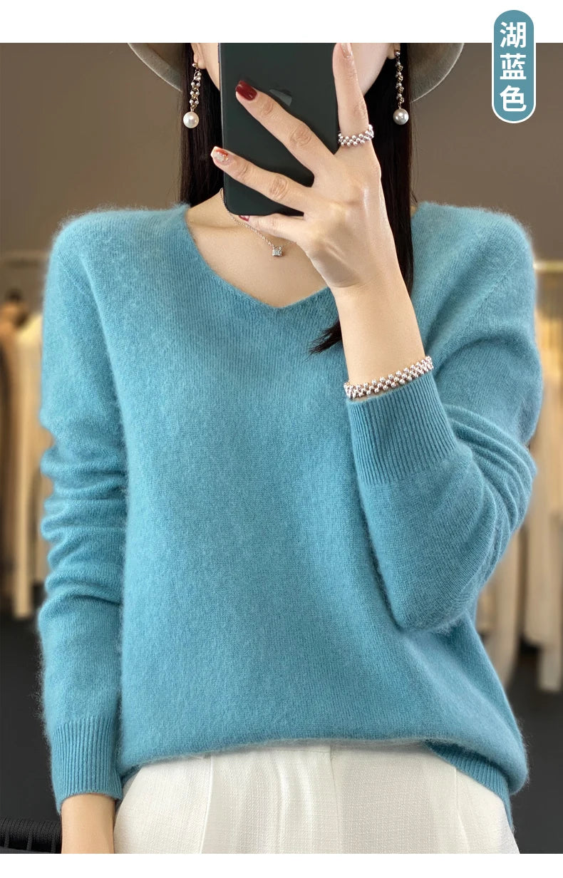 Kaschmirpullover 100% Wolle V-Ausschnitt Damen - Strick Casual Korean Fashion Herbst Winter