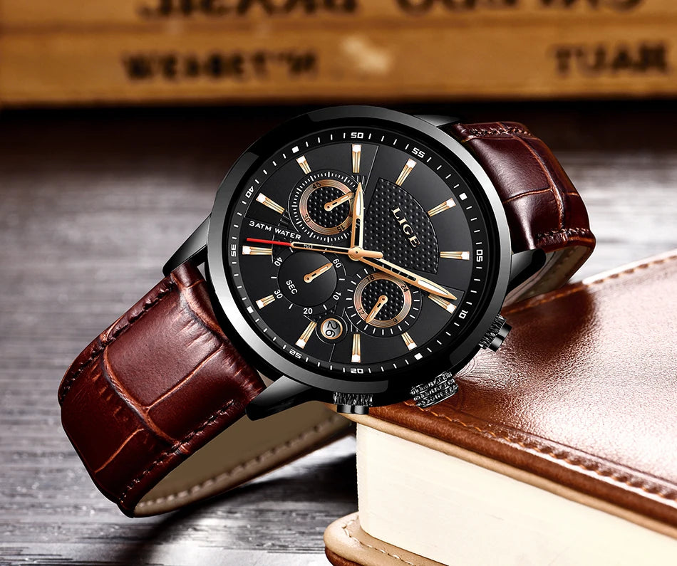 Montre Homme Luxe LIGE Chronographe Quartz Cuir – Business Sport Étanche Date 2025