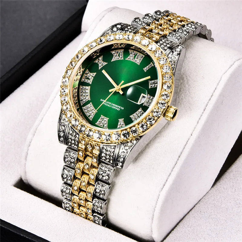 Montre Homme Hip Hop Diamant Fashion Bracelet Alliage Dorée Luxe Date Quartz Tendance Streetwear Bling | Montre Hip Hop Diamant Dorée Premium