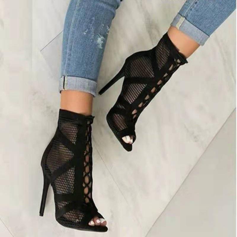 Sandales Mesh Cross Strap Peep Toe Talon Haut – Sexy Noir Dentelle Lacets Pumps Casual