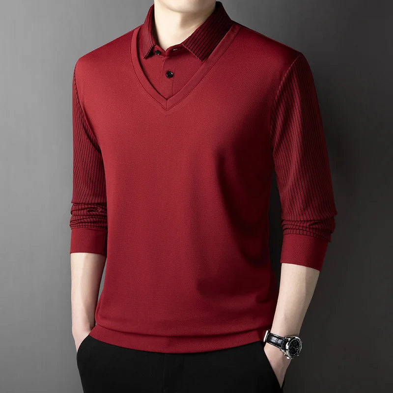 Polo Homme Manches Longues Faux Deux Pièces Couleur Unie – Business Casual Élégant Toutes Saisons Polyvalent | Mode Homme Premium