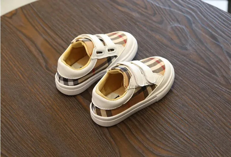 Baskets Enfant Style Coréen Carreaux Blanc – Sneakers Cuir PU Casual Unisexe 3-8 Ans