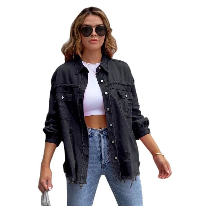Veste en Jean Femme Bords Bruts Troués – Style Chemise Casual | Printemps Automne Tendance 2025