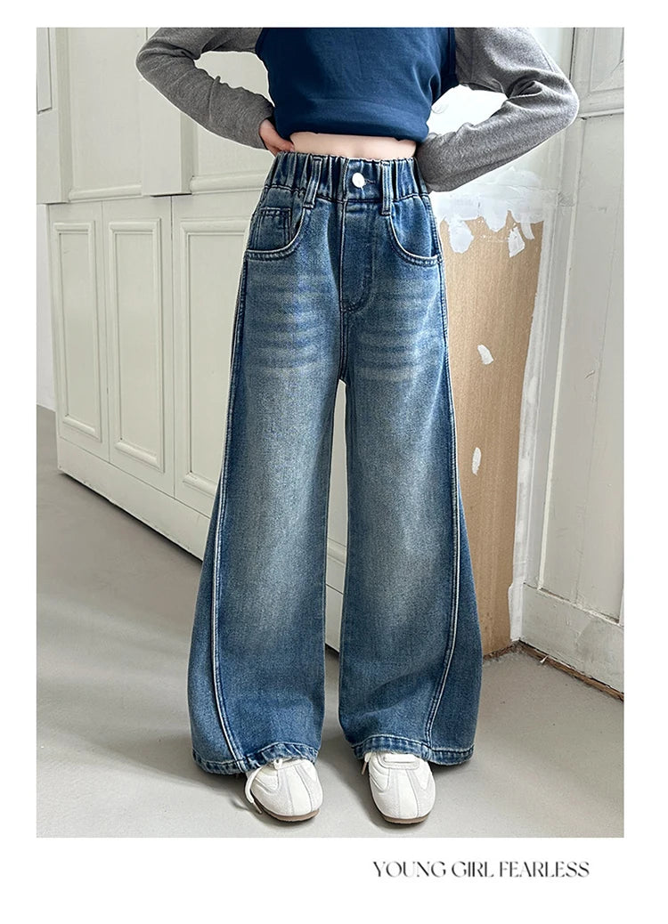 Jean Large Fille Taille Haute Bleu Foncé – Pantalon Denim Jambe Large Retroussable Enfant 4-14 Ans