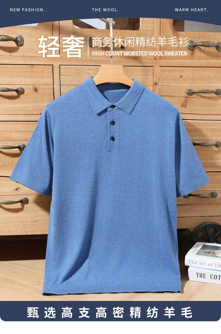 Pull Polo Homme 100% Laine Mérinos – Col Lapierre Manches Courtes Tricoté Loose Été Grande Taille