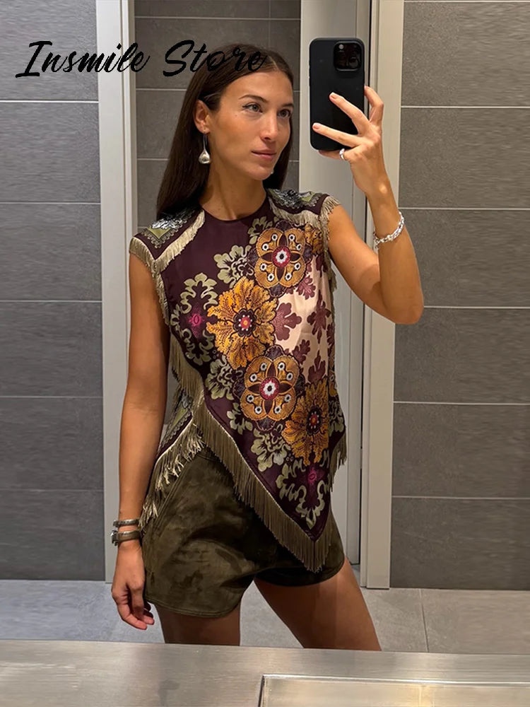 Top Gilet Imprimé Franges Irrégulier Femme Sans Manches – Style Y2K Casual Plage | Été 2026