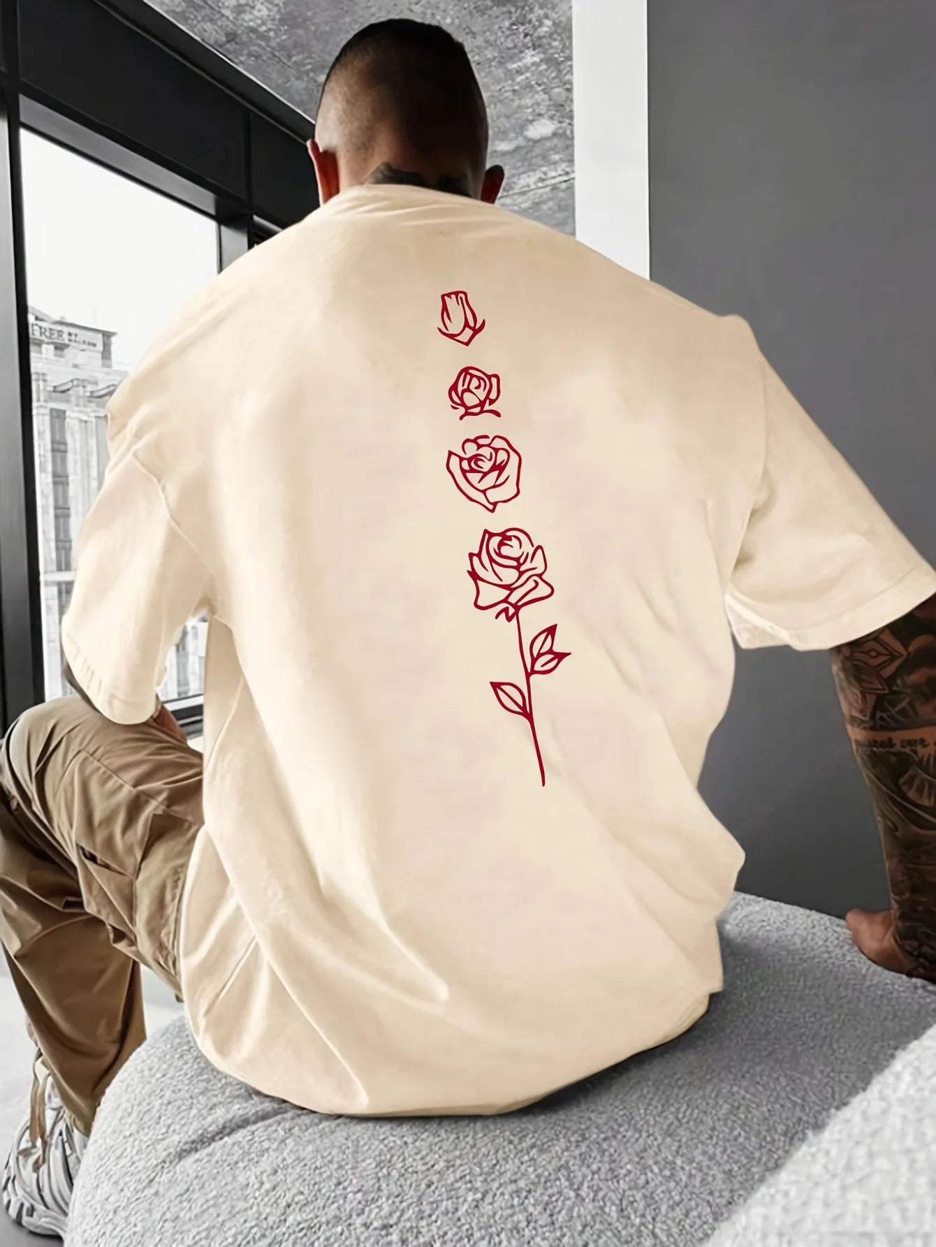 T-Shirt Homme Été Loose Fit 100% Coton Imprimé Roses – Casual Tendance Floral Confortable | Mode Homme Streetwear
