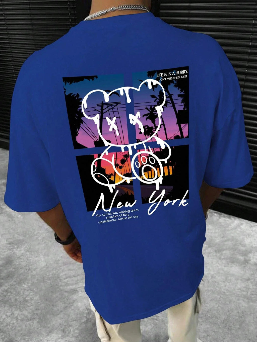 T-Shirt Homme New York Art Cartoon Bear Coucher de Soleil Coton Loose Oversize Été Streetwear Graphic Fashion Tendance Confortable – T-Shirt Graphic Art Premium Oversize New York | Mode Homme Streetwear Graphic Art Premium