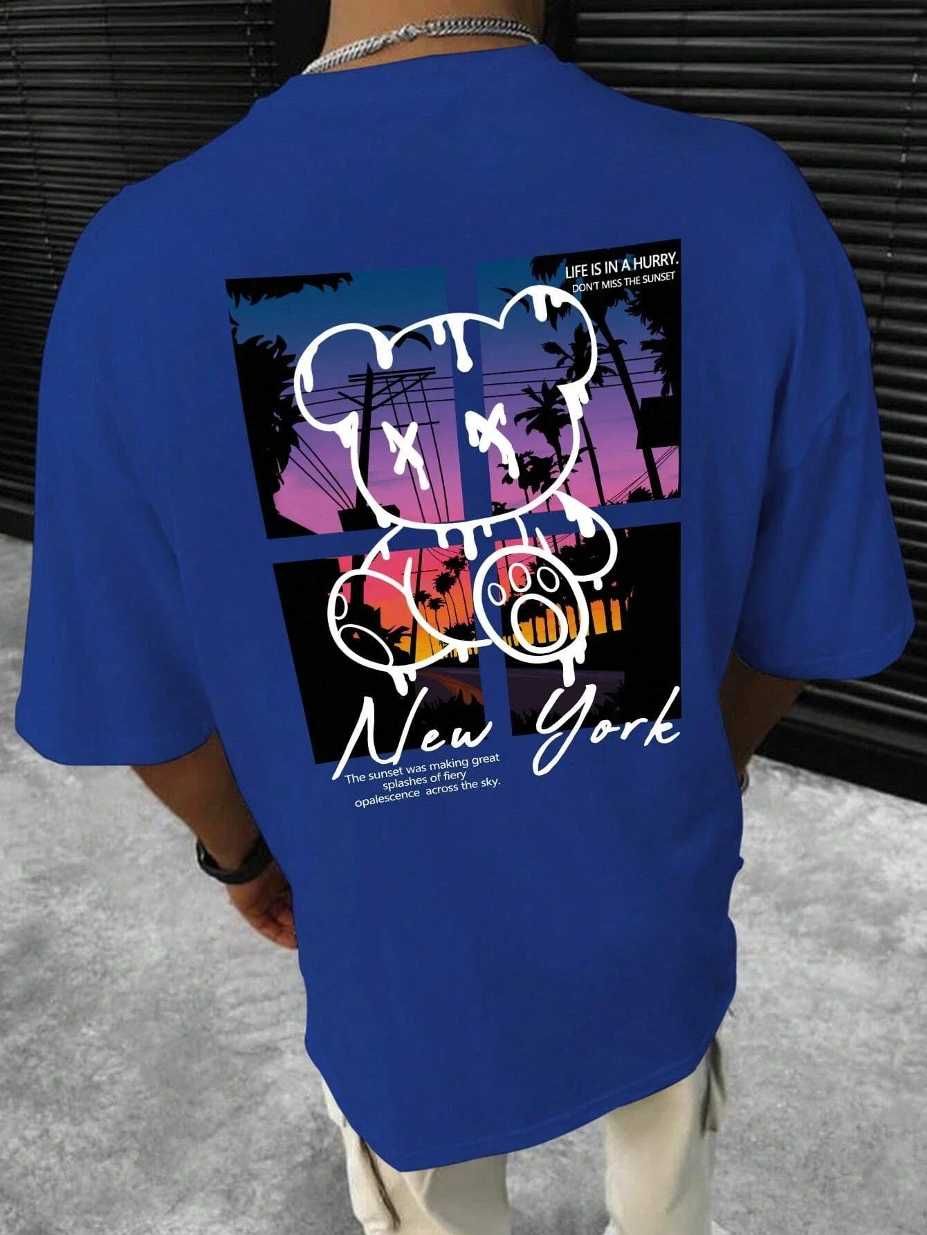 T-Shirt Homme New York Art Cartoon Bear Coucher de Soleil Coton Loose Oversize Été Streetwear Graphic Fashion Tendance Confortable – T-Shirt Graphic Art Premium Oversize New York | Mode Homme Streetwear Graphic Art Premium