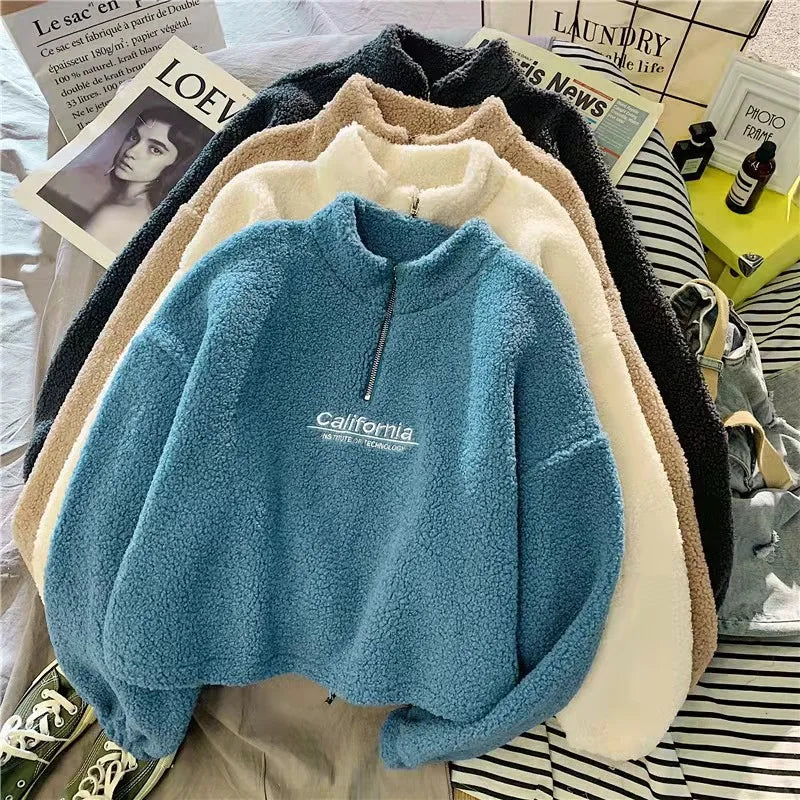 Sweat Court Femme Col Montant Polaire Brodé Cordon Manches Longues Velours Peluche Élégant – Hoodie Crop | Automne