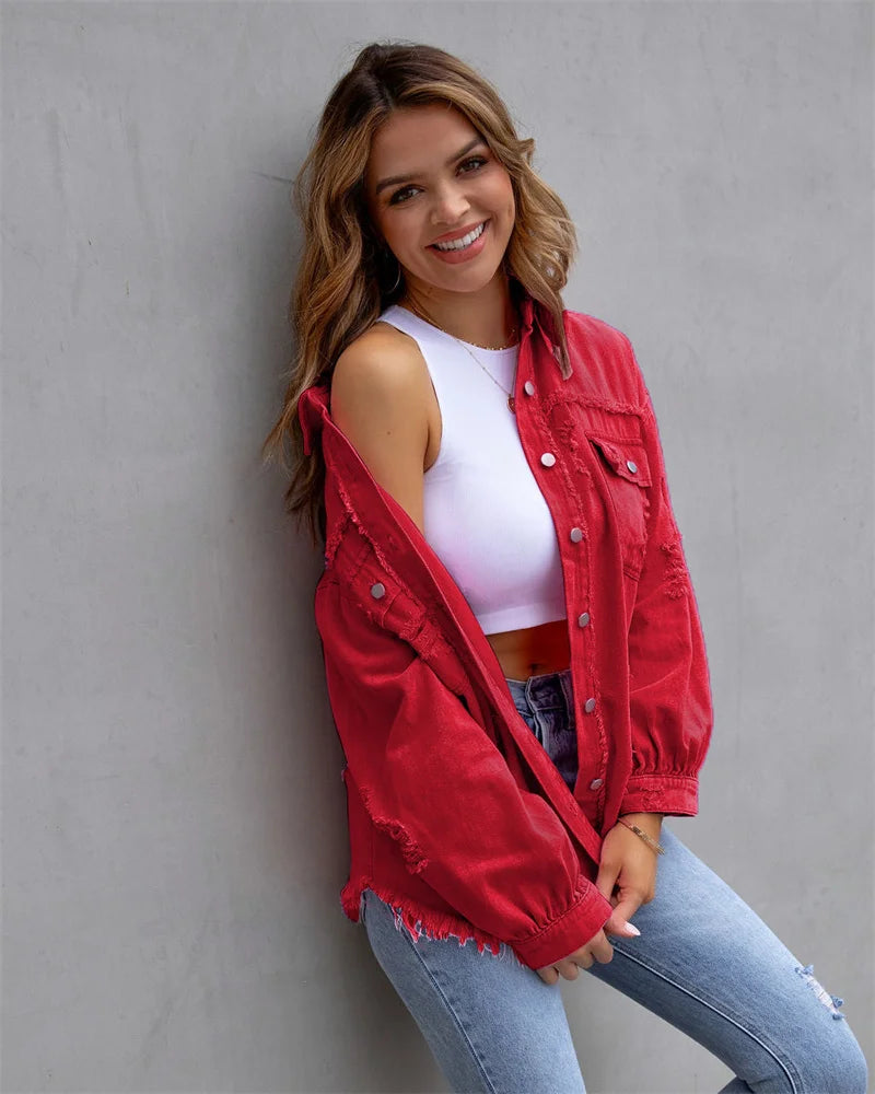 Veste en Jean Femme Bords Bruts Troués – Style Chemise Casual | Printemps Automne Tendance 2025