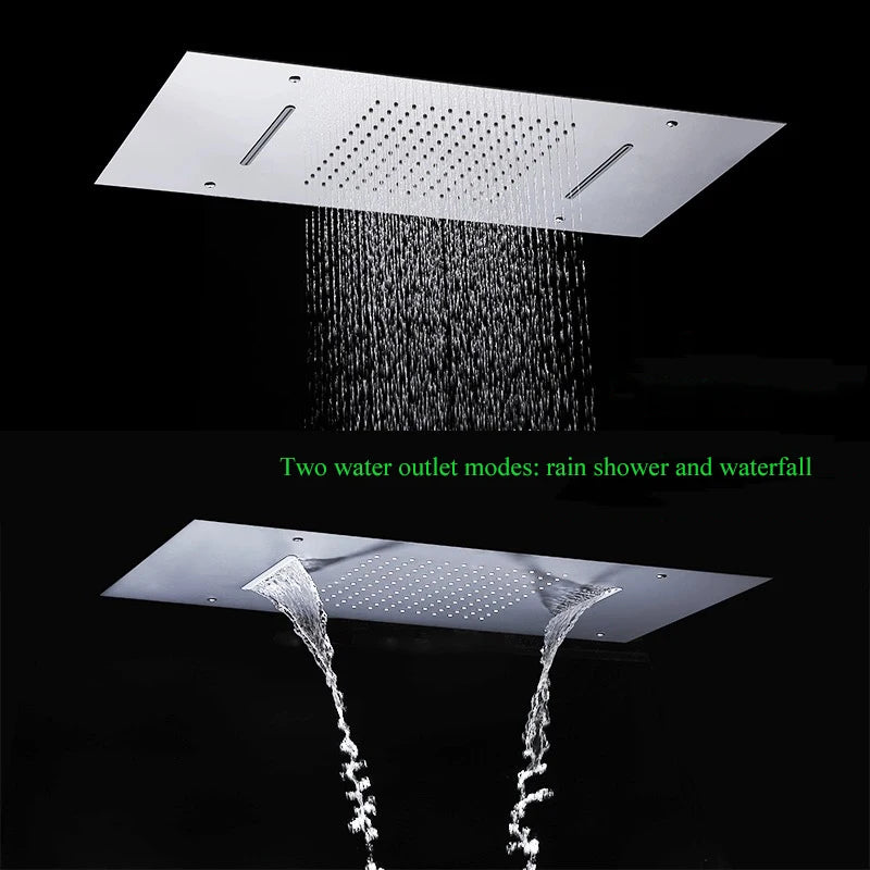 Pommeau Douche Plafond LED Cascade Luxe 49x35cm – Lumières Multicolores Intégrées | Salle de Bain Spa