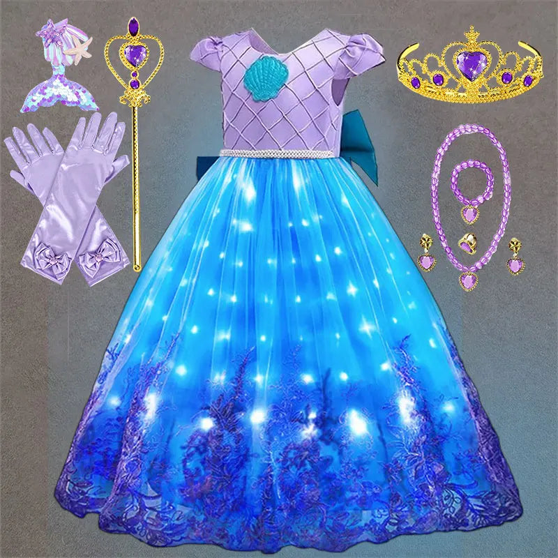 Déguisement Princesse Petite Sirène Fille – Robe de Bal Lumineuse Broderie Carnaval Ariel